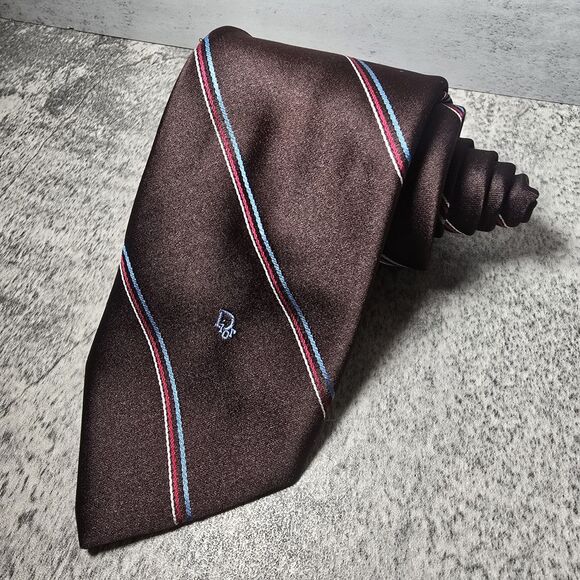 CHRISTIAN DIOR Vintage Brown Diagonal Stripe Print Silk Poly Blend Tie Y2K - Picture 6 of 8